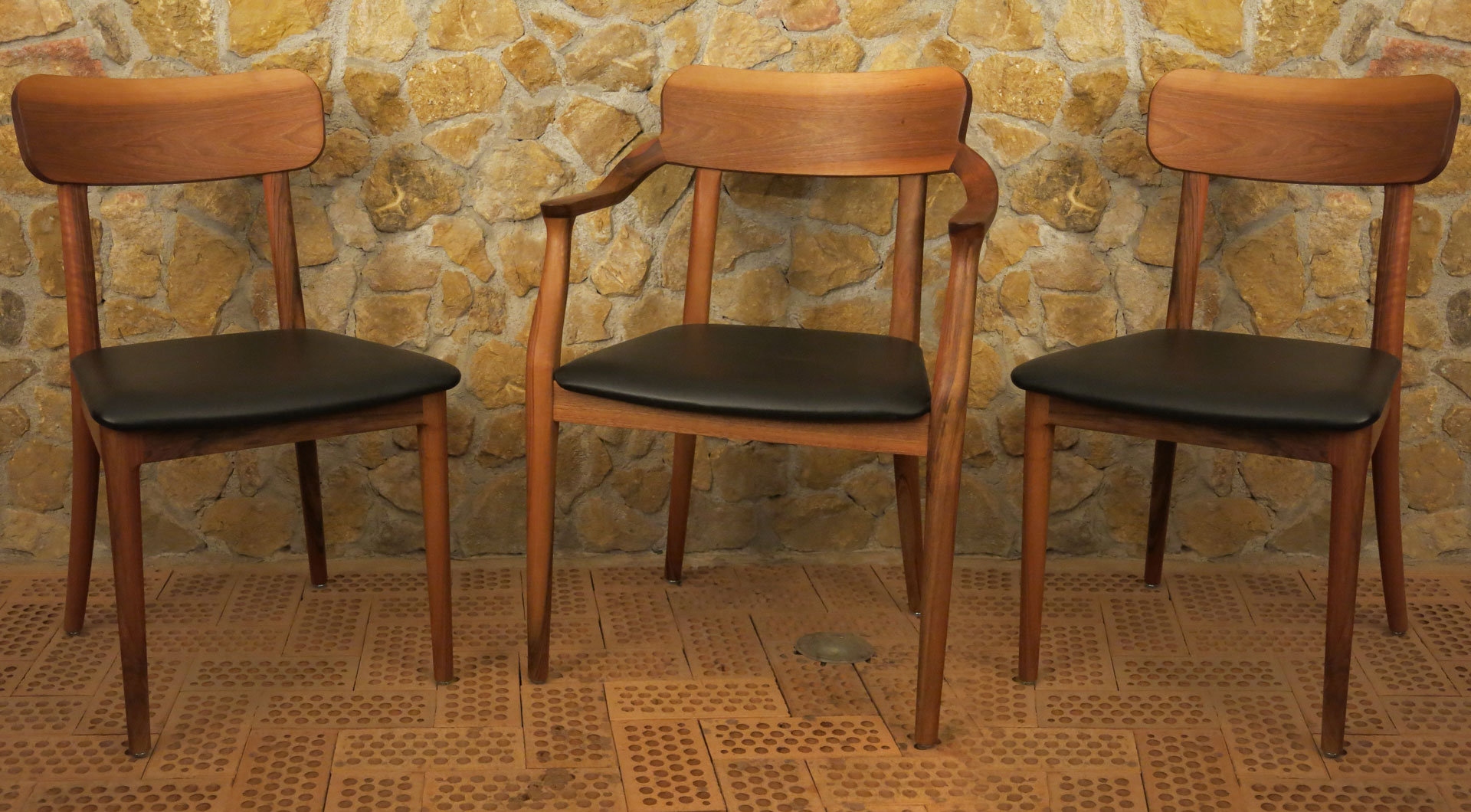 Solid wood chairs, also with armrest and leather pads by Kaltenrieder Jean-Marc, Switzerland